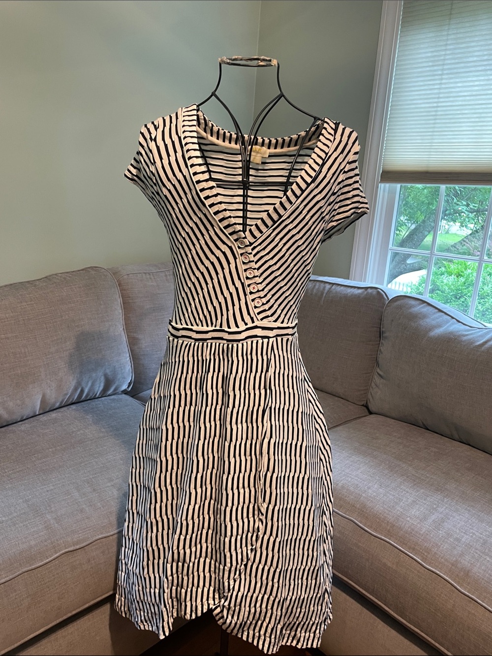 Maeve Black & White Striped V-Neck Midi Dress